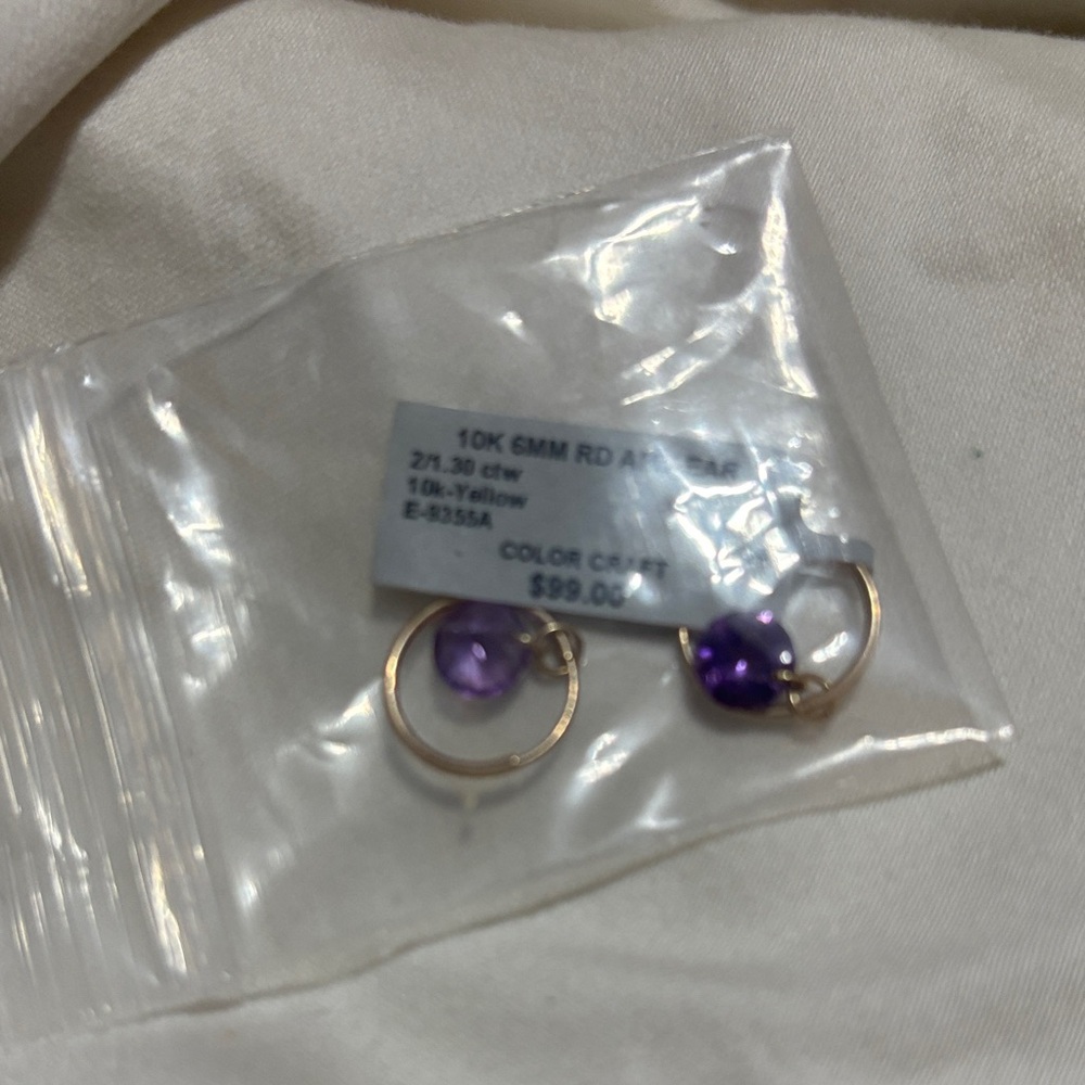 Gold and Amethyst  Hoop Earrings - Picture 2 of 4
